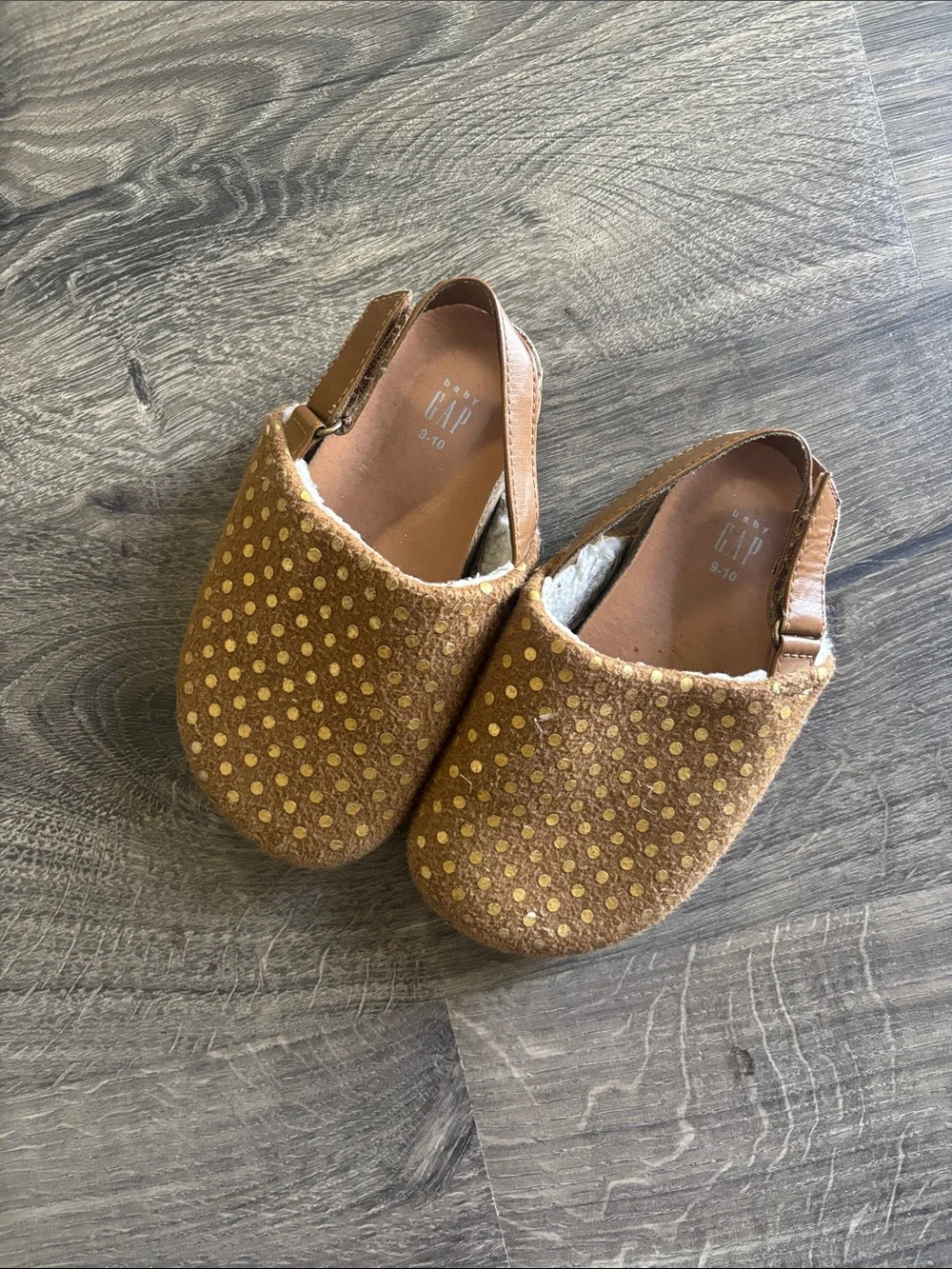 GAP Kids Tan Moccasins with Gold Polka Dots